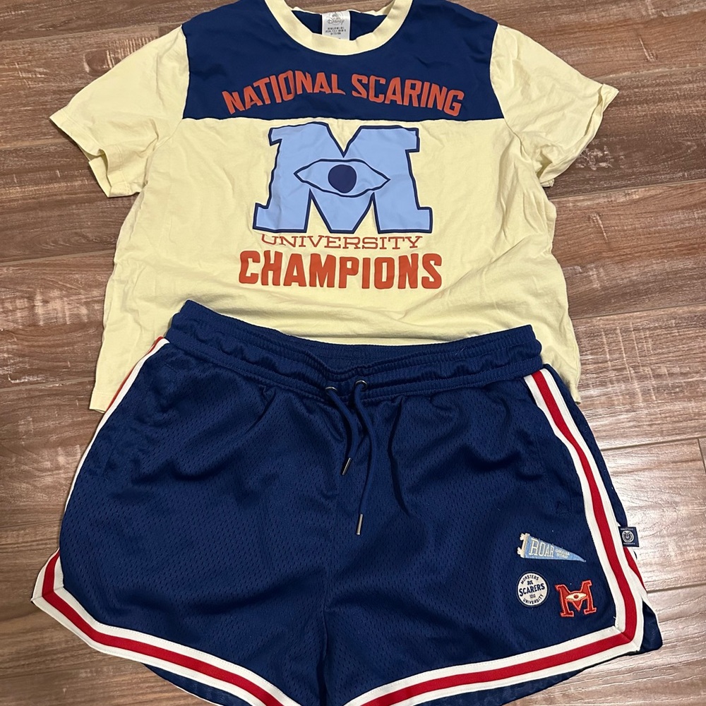 Disney Navy and Off White Monsters University Top and Matching Navy Gym Shorts